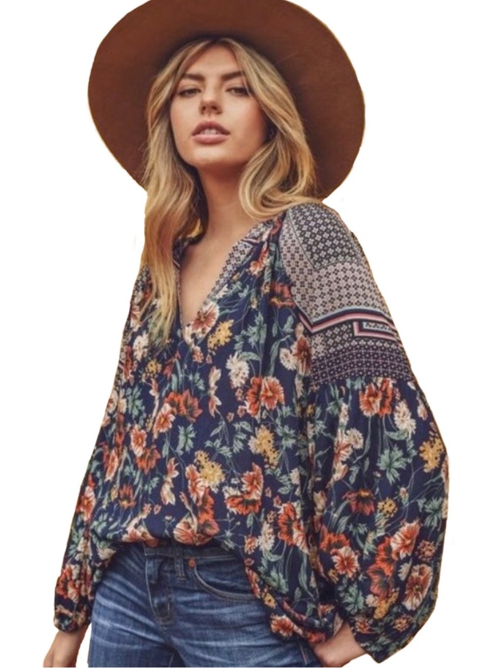 Jodifl Boho Floral Navy Peasant Blouse